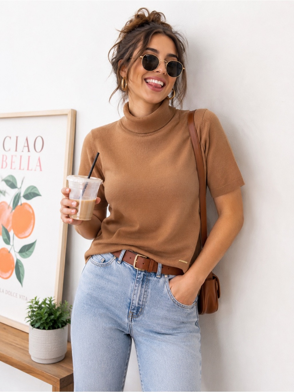 Anne Klein Short Sleeve Turtleneck Sweater in Camel Brown